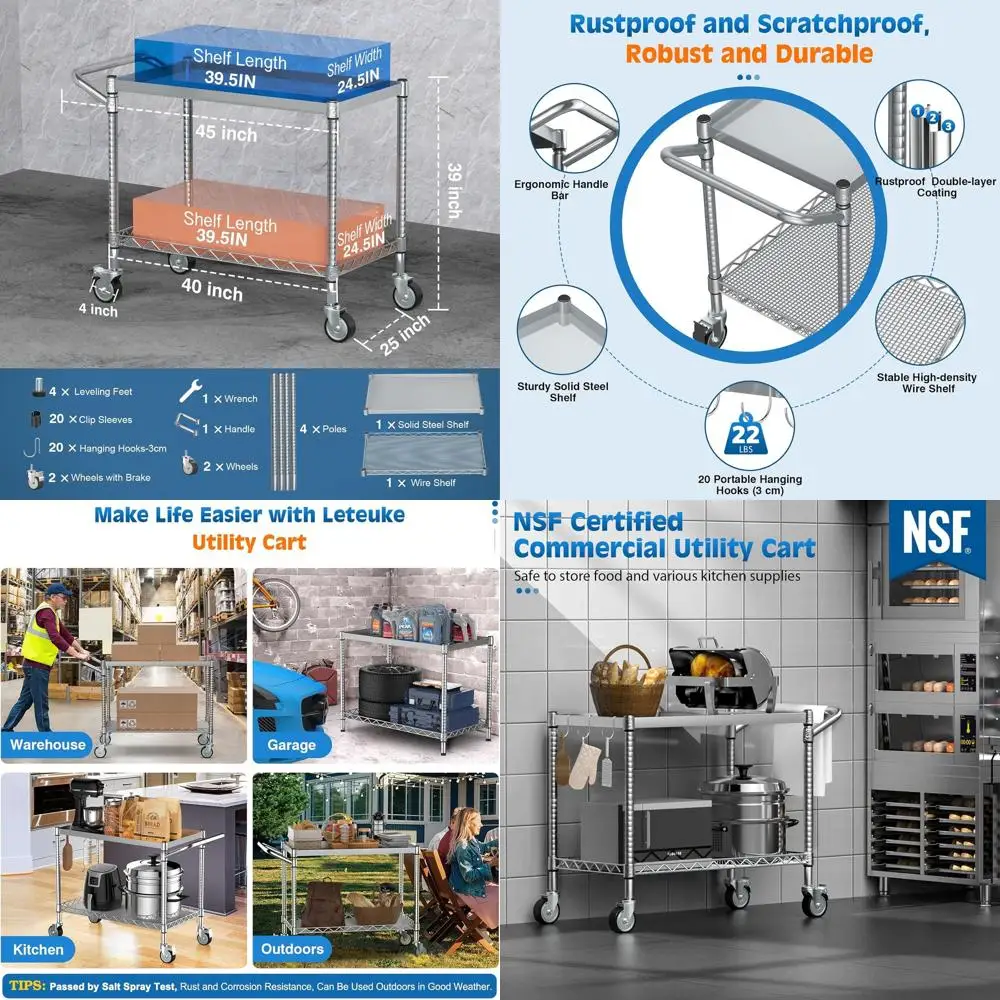 

Heavy-Duty 2-Tier Utility Cart with Wheels, 900 lbs Capacity, Silver Metal Storage Cart for Commercial Use