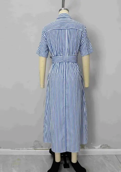 Classic Striped Print Lapel Slim Fit Lace Up Waist Dress for Summer Women's Casual Simple A-Line Short Sleeved Shirt Dress