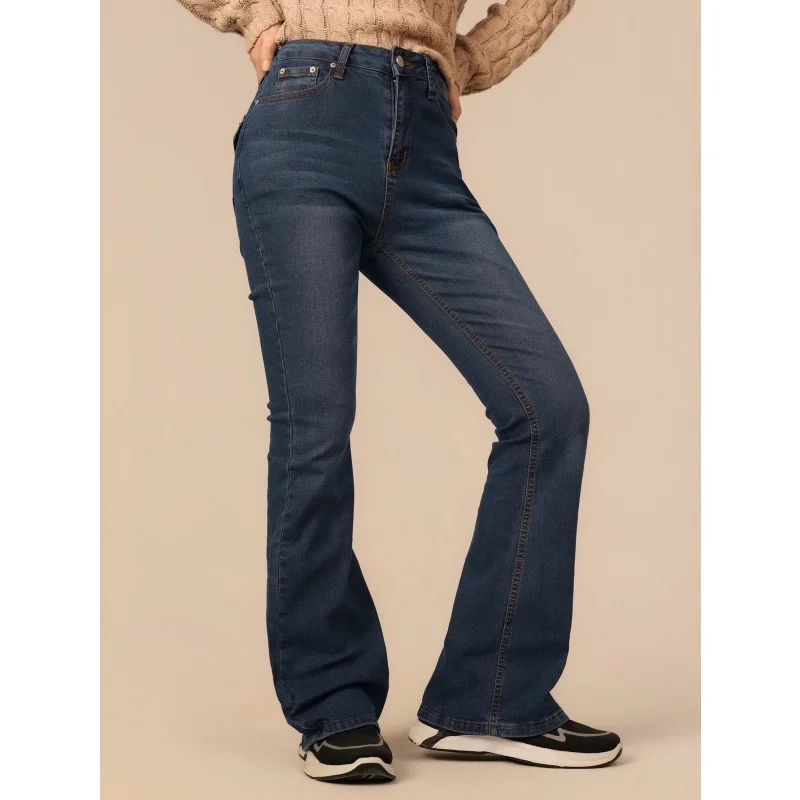 

Women's American Style Dark Blue Denim Jeans Stretch Slim Fit Flared Pants Casual All Match Fashion Trousers All Season