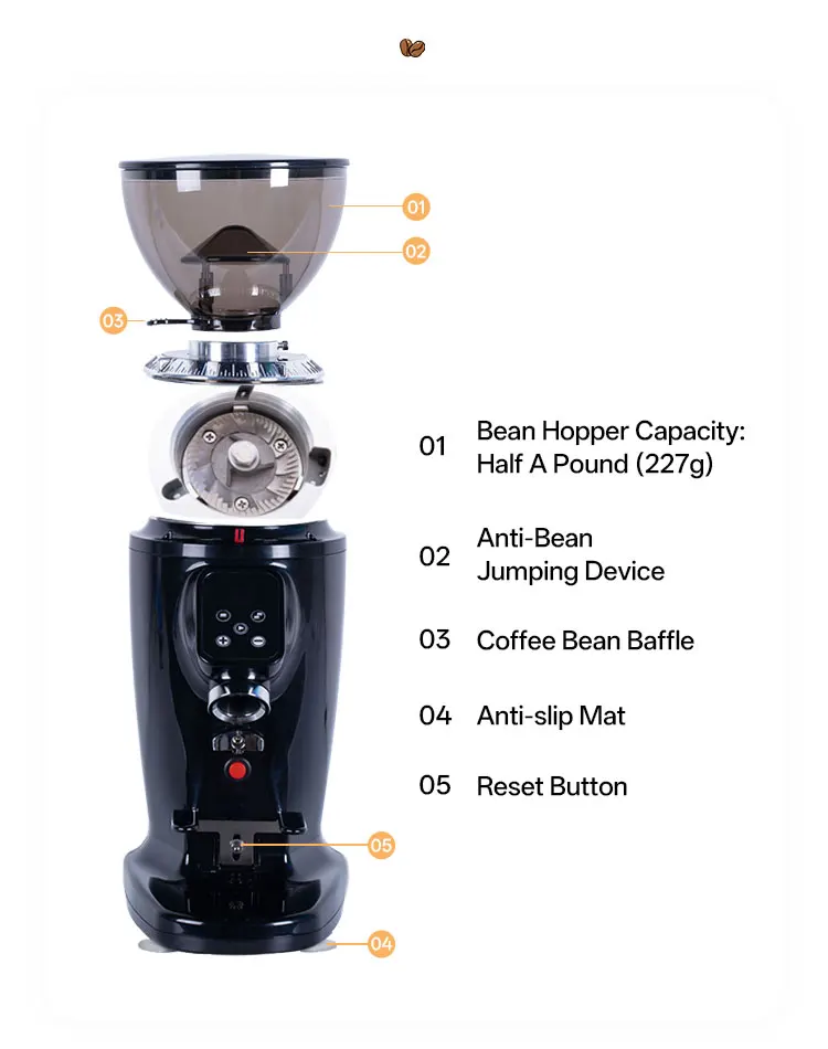 Commercial coffee grinder with stainless steel flat blade and fine grinding adjustment