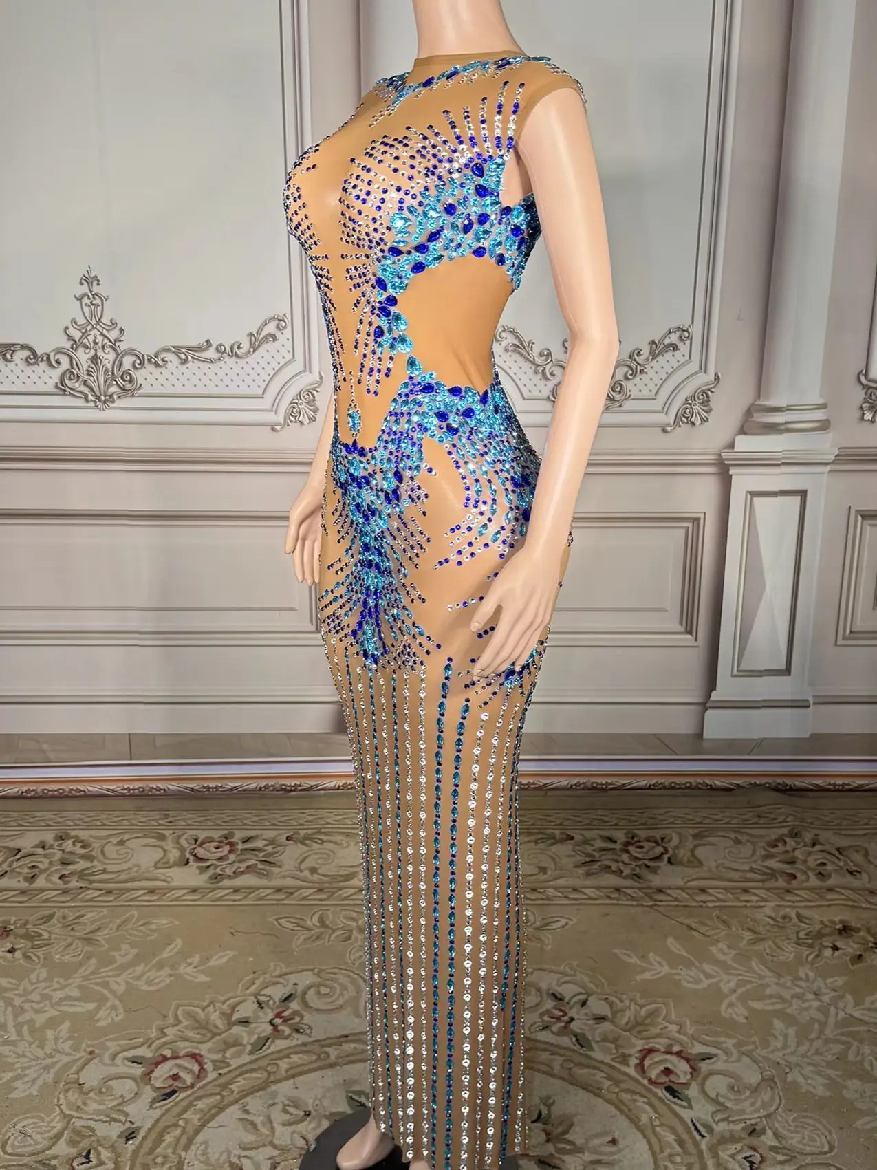 ZD Luxury Elegant Shining Rhinestones Gown Suspenders Mesh High Split Long Dress Women Evening Prom Red Carpet Photoshoot Gowns