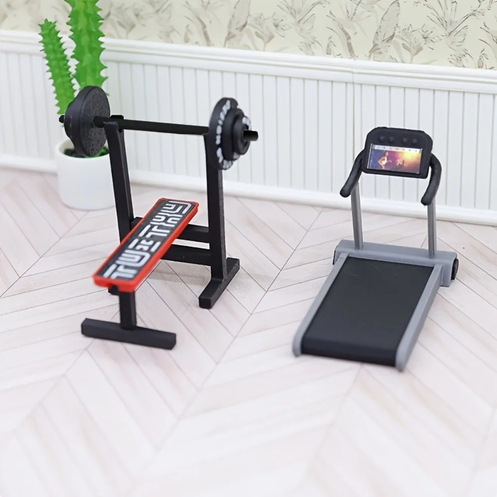 1/12 Scale Miniature Gym Equipment Set Dollhouse Fitness Model with Treadmill Weightlifting Bench ABS Material Scene Decor 1PC