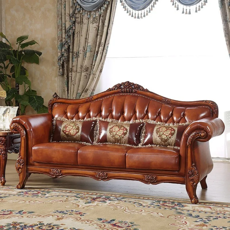 

Solid Wood Sofa European Cowhide Apartment Combination Sofa Loveseat Villa Canape Salon De Luxe Living Room Furniture