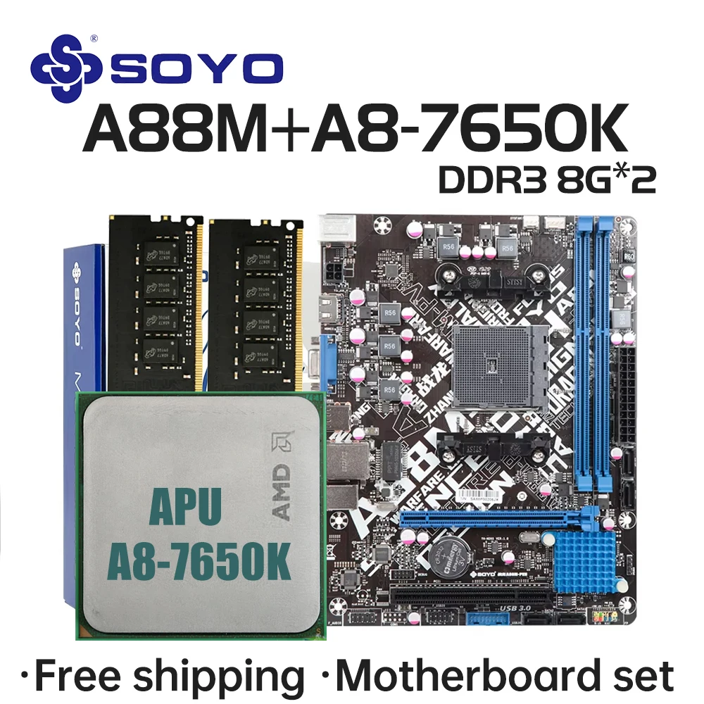 SOYO A88M Motherboard set with A8-7650K CPU DDR3 16G [8GB*2] Computer components Game Mainboard SATA3 AMD CPU FM2+/FM2 Processor