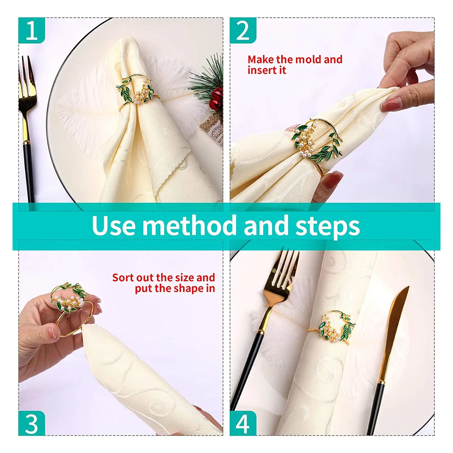 RIRI Napkin Ring Golden Pearl Flower Napkin Rings Set of 6 Metal Napkin Holder for Wedding Party Dinner Table Decoration