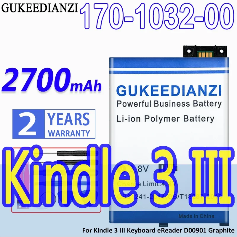 

High Capacity GUKEEDIANZI Battery 170-1032-00 2700mAh For Kindle 3 Kindle3 III Keyboard eReader D00901 Graphite