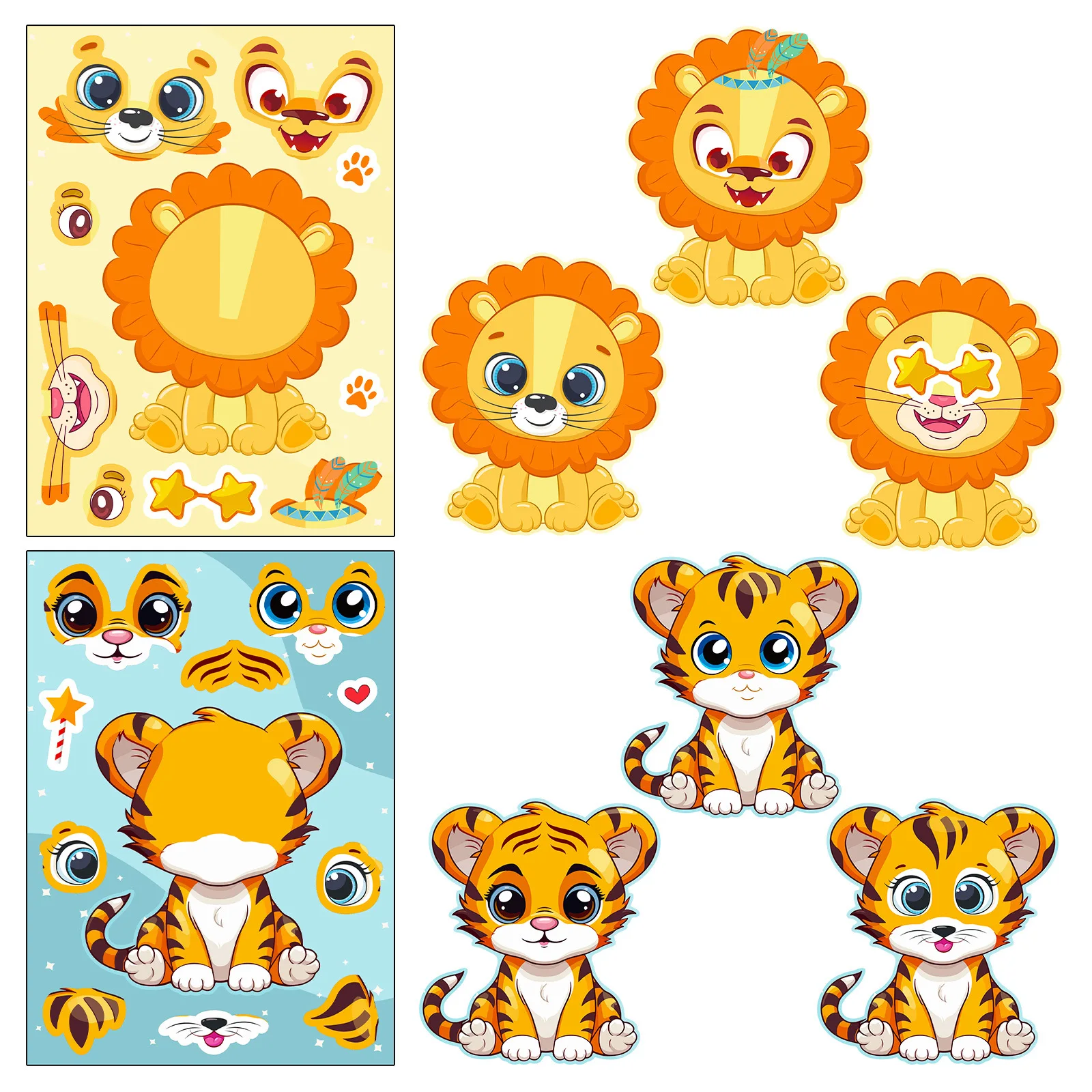 Face dos desenhos animados mudando adesivo para crianças, quebra-cabeça adesivo, animal bonito, tigre, tartaruga, girafa, 6 pcs, 12 pcs, 18 pcs