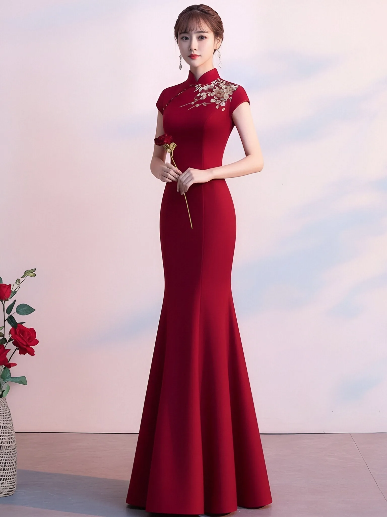 Red Evening Gown Embroidered Fish Tail Slim Fit Long  Stand Collar Chinese Wedding Return Gift Dress for Women