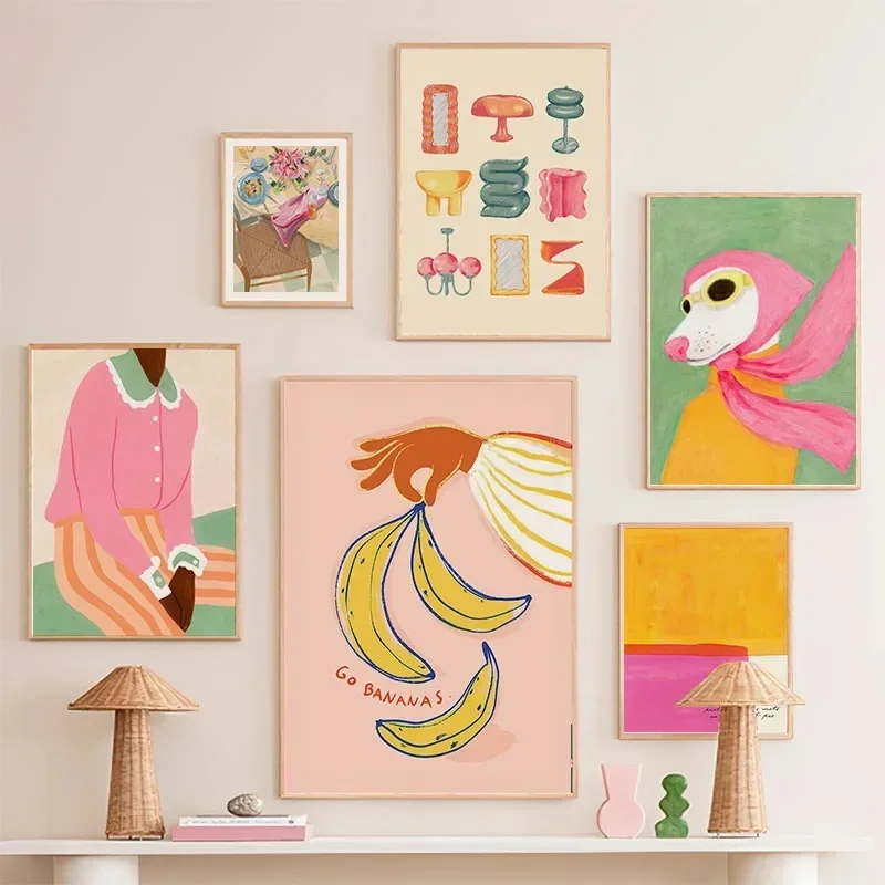 Fashion Girl Dog Vase Flower Banana Abstract Posters and Prints Wall Art Canvas Painting Picture Hotel Bar for Living Room Decor