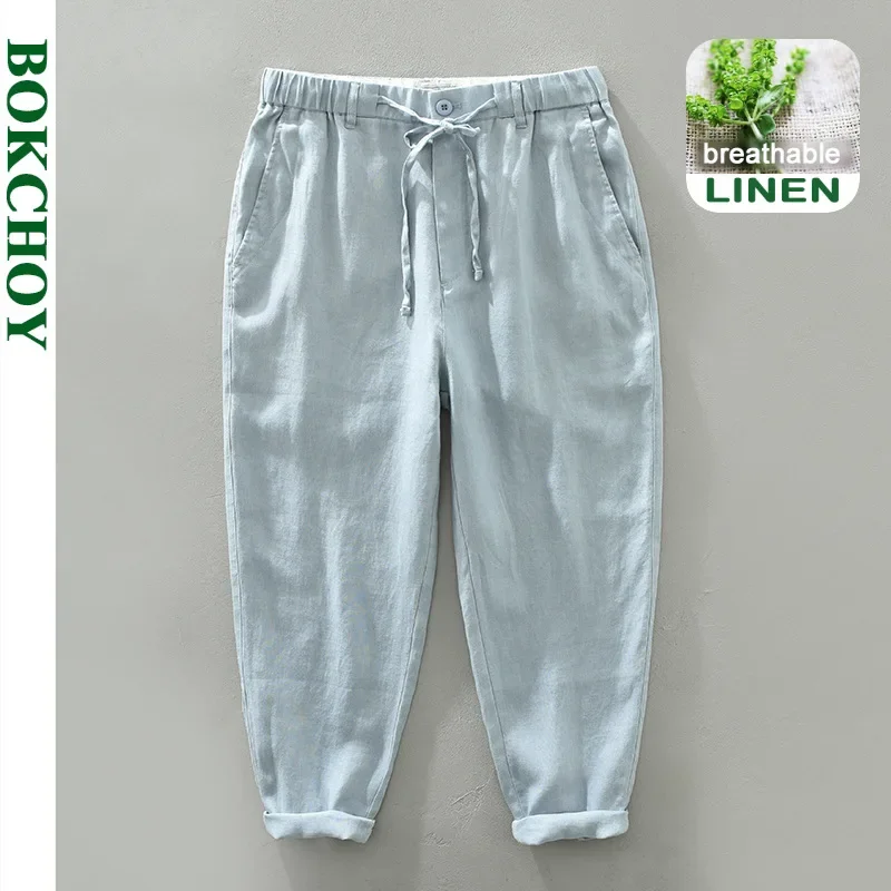 Calça Masculina de Linho Puro, Calça Casual, Respirável, Legal, Cânhamo, Cordão de Dewstring, Fit, Novo, Primavera, Verão, GC-1632