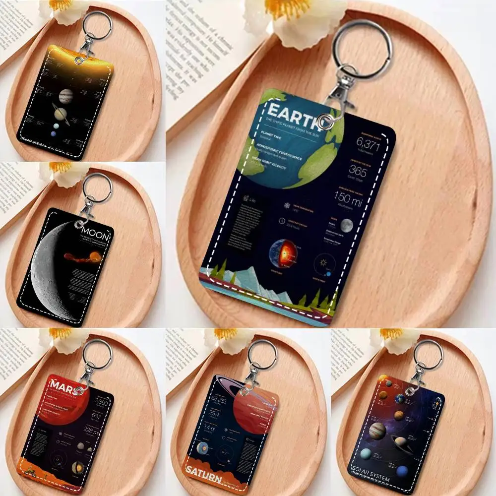 Solar System Milky Way Universe Card Case Keychain Access Card Bag Key Tag Ring Leather Card Holder Key Ring Access