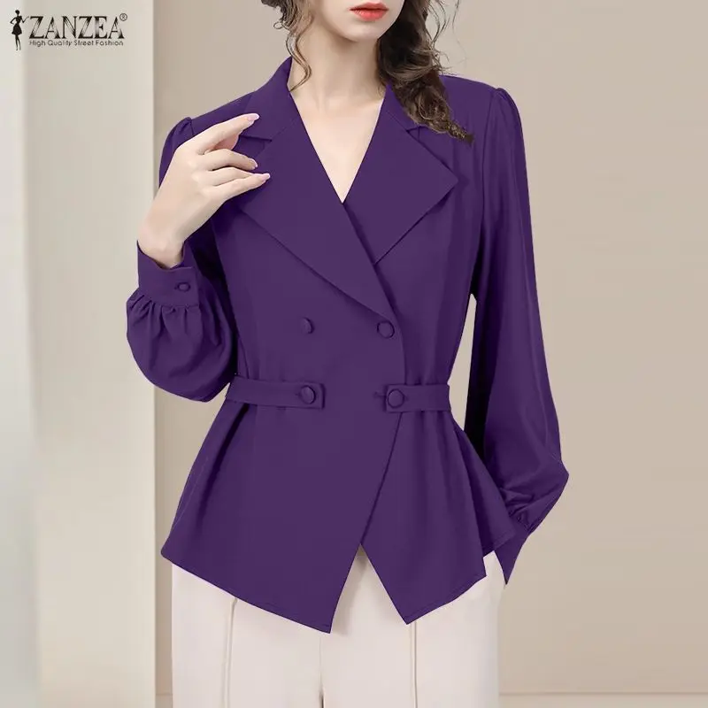 Woman Elegant Office Wear Shirts Lapel Neck Lantern Sleeves Double-Breasted Tops ZANZEA Summer Fashion Solid Color Chemise Femme