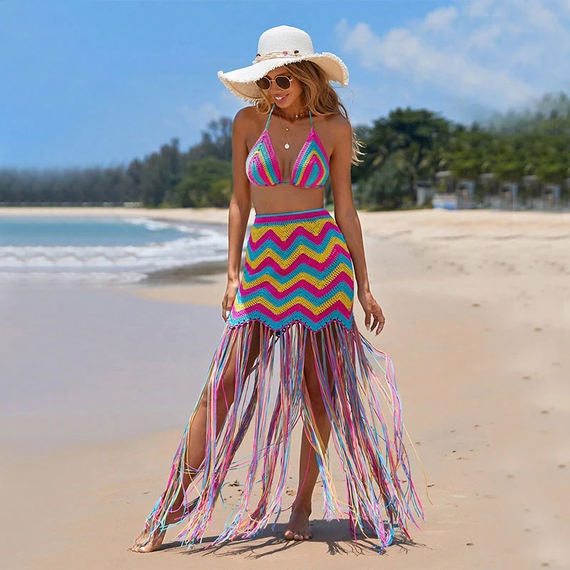 

Women's Dress Sets Summer Crochet Knitted Two-piece Dresses Halter Crop Top And Weave Tassel Resort Beach Cover-ups Nightclub