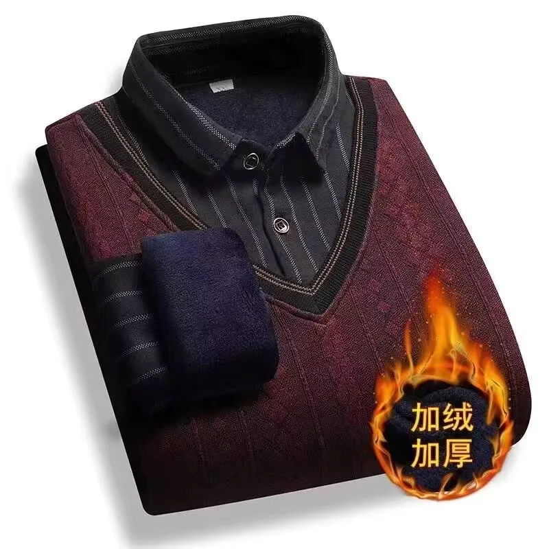 2025 Autumn Winter Men Fleece Shirt-collar Sweater Fashion Stripe Jacquard Thick Warm Sweater Male Velvet Thicken Sweater