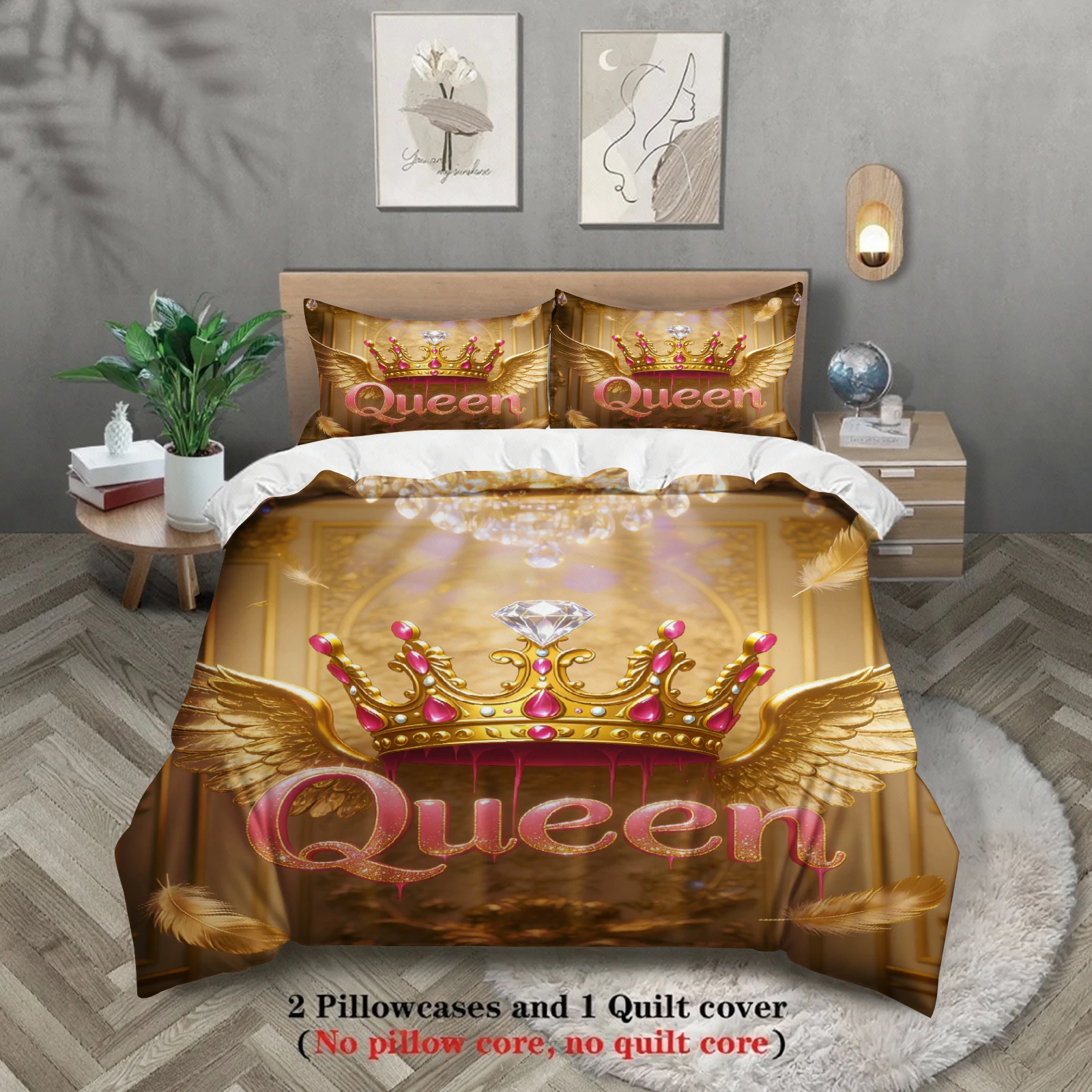 

Queen Crown Wings Bedding Set Gold Pink Royal Crown And Wings Print With Queen Text Breathable Bedroom Decor