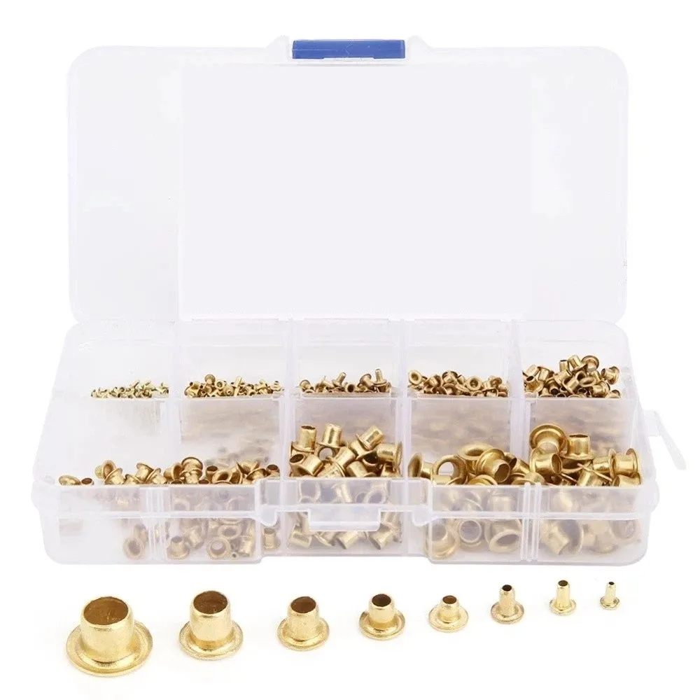 650 PCS Lightweight 8 Sizes Leather Rivets Kit Gold M0.9-M5 Brass Eyelets Brass Binding Screws for Leather Craft and Bookbinding