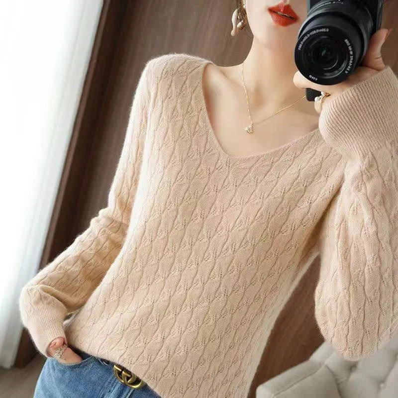 Women Fashion Elegant Hollow V-neck Long Sleeve Soft Knitted Sweater Autumn Winter Casual Solid Loose Basic Pullover Top Jumpers