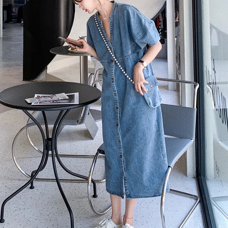 Vintage Denim Women\'s Dresses for 2024 Summer Thin Casual Jeans Dress Loose Plus Size Lady Vestidos Female Clothes Robe KE6062