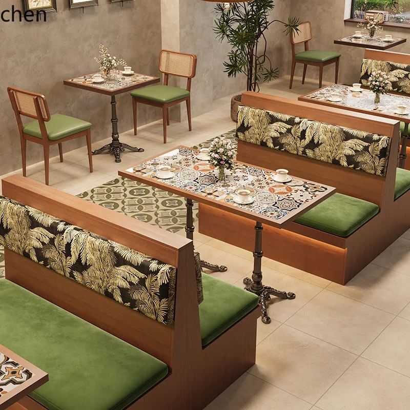 Commercial retro western restaurant wall-mounted sofa booth, Southeast Asian style cafe dessert shop solid wood dining table