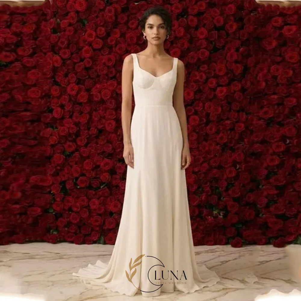 Luna Maßgeschneidertes Elegantes Rückenfreies Hochzeitskleid mit Knöpfen am Rücken Ärmellos Einfacher V-Ausschnitt Plissiertes Chiffon A-Linien Brautkleid