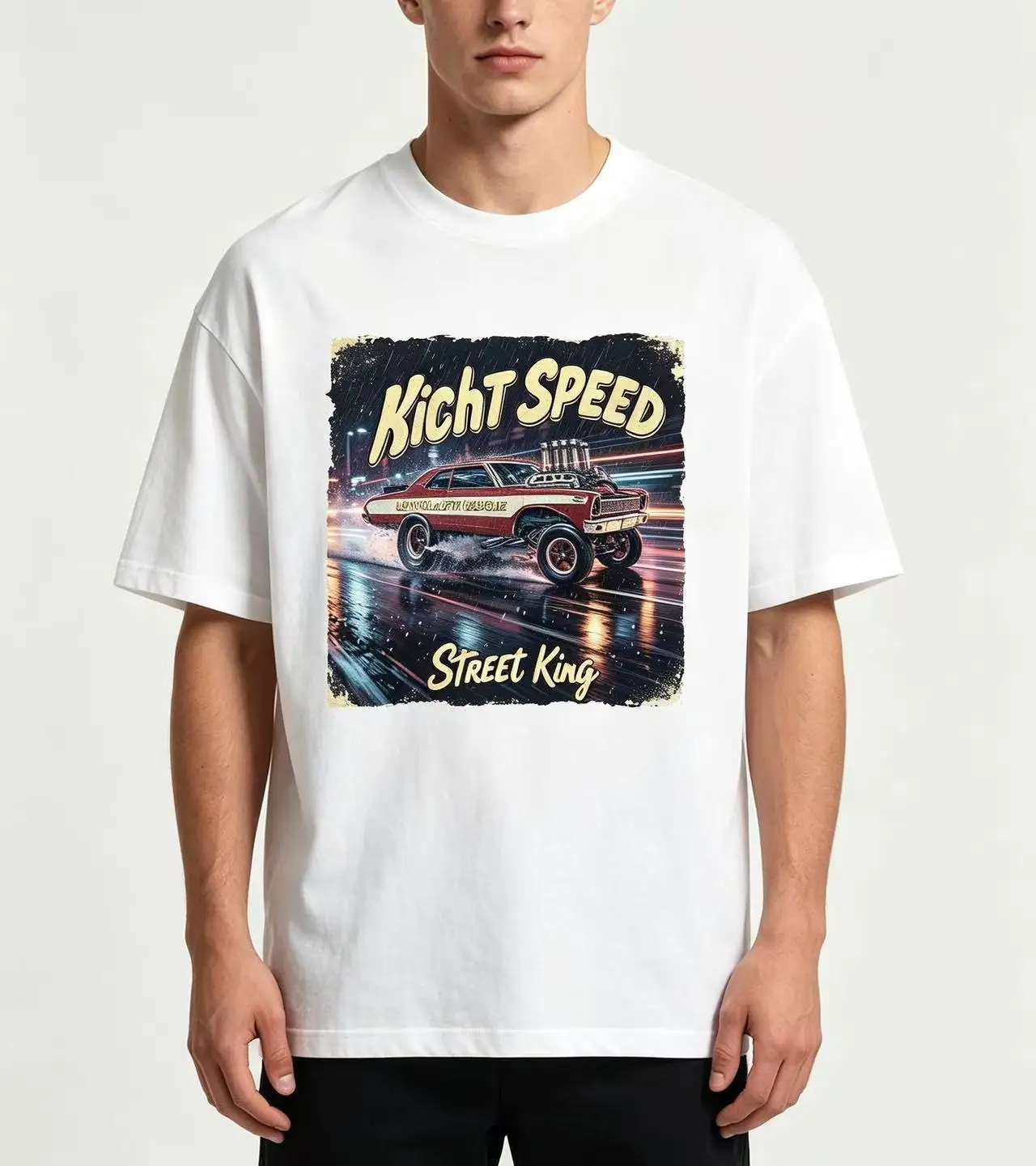 Unisex Kicht Speed Street King Vintage Muscle Car Night Street Graphic T Shirt Men Women Retro Racing Car Print Oversized Crew Neck Cotton Top