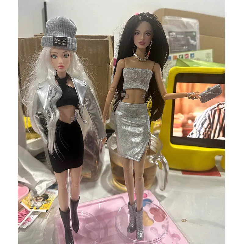 Vêtements de supermodèle à la mode, 5 pièces/ensemble, veste en cuir + gilet + jupe + chapeau, série Spice Girls pour habillage de poupée de 30cm, 1/6