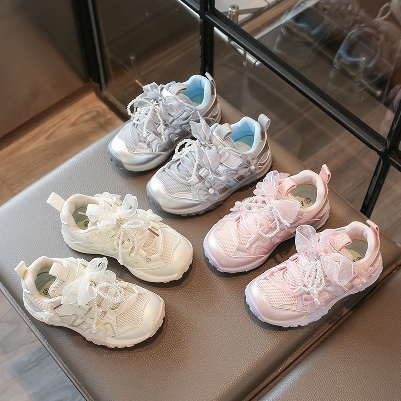 Girls Princess Sneakers, Bow Pearl Decor, Breathable Mesh, Soft Non-Slip Sole for Little Girls Spring School Outdoor Activities