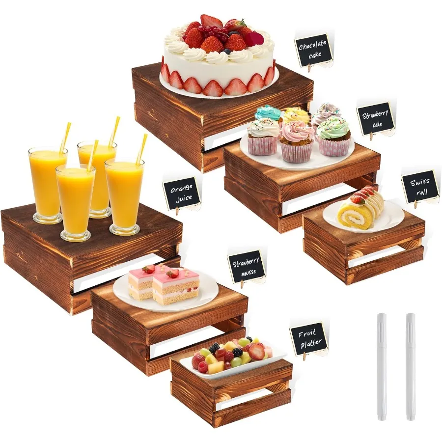 

6 шт. стойки для шведского стола с мини-вывесками, деревенские деревянные подставки для торта, стойки для еды для шведского стола, подставка для десерта, деревянные ящики, ржавчина