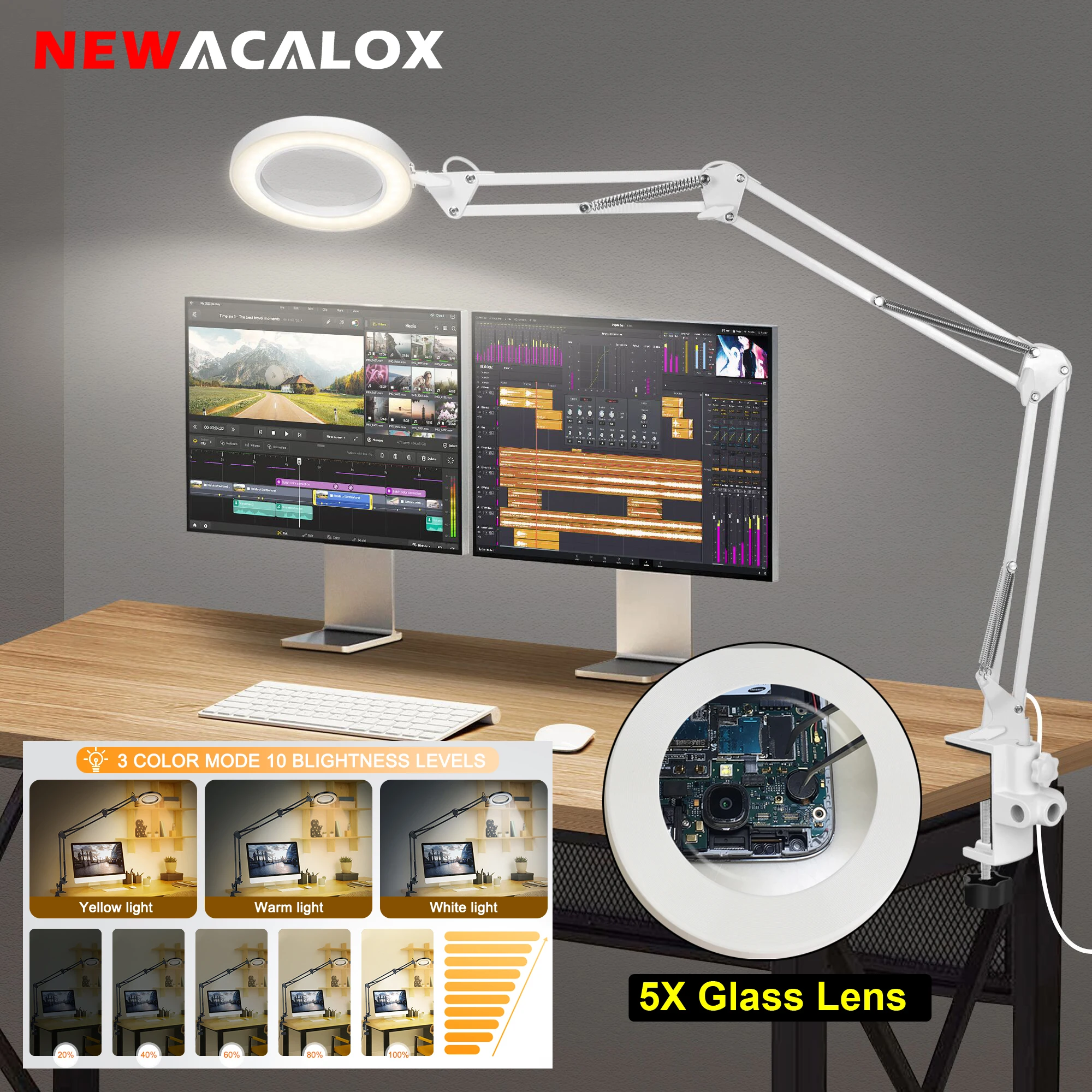 5X Illuminated Magnifier 3 Color Modes Dimmable 10 Brightness LED Magnifying Glass Desk Lamp for Reading Craft Hobby Close Work