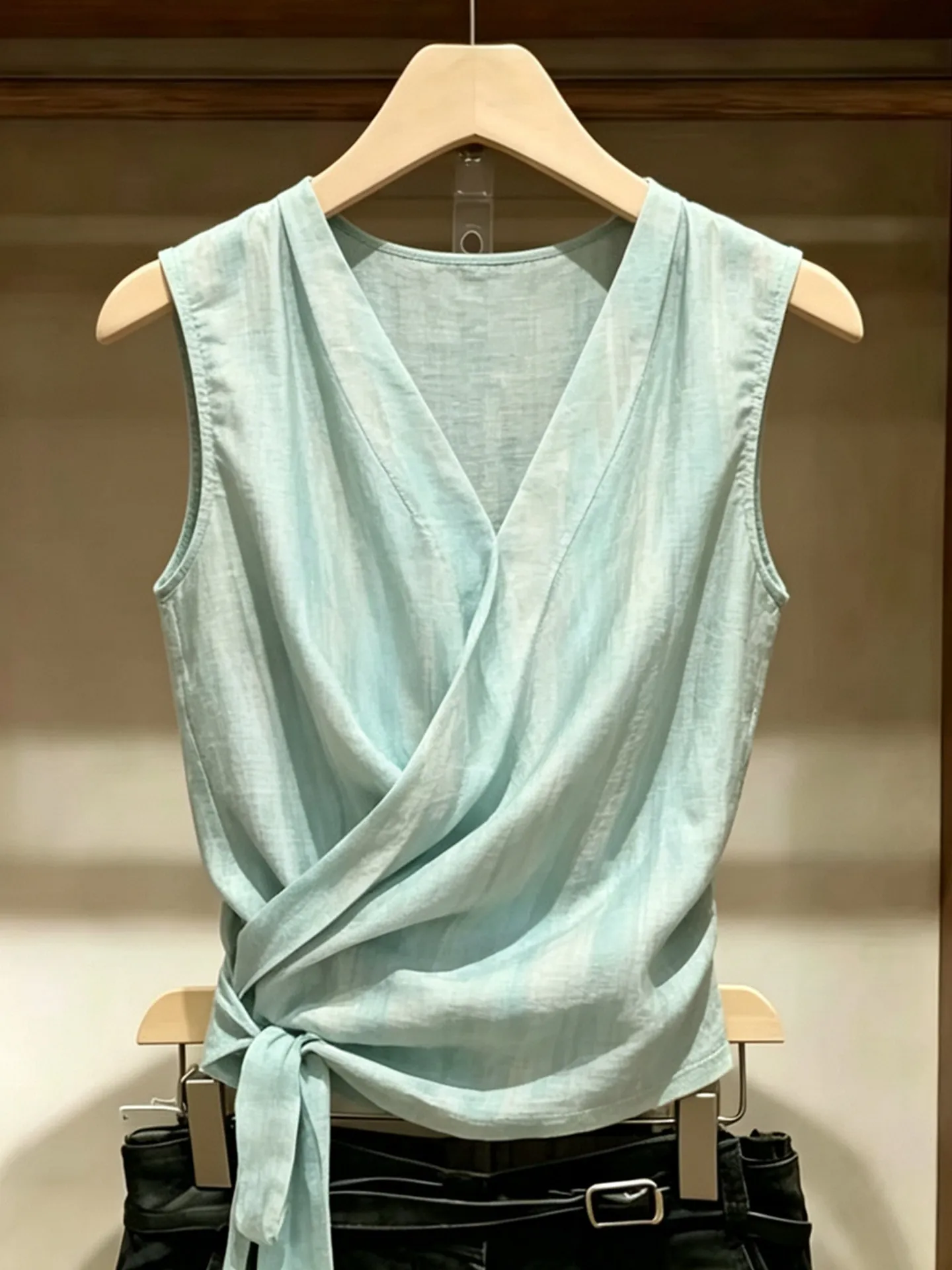 Atmospheric Blue Green Cross V Neck Side Tie Sleeveless Vest Women's Summer New Beautiful Small Audience Top