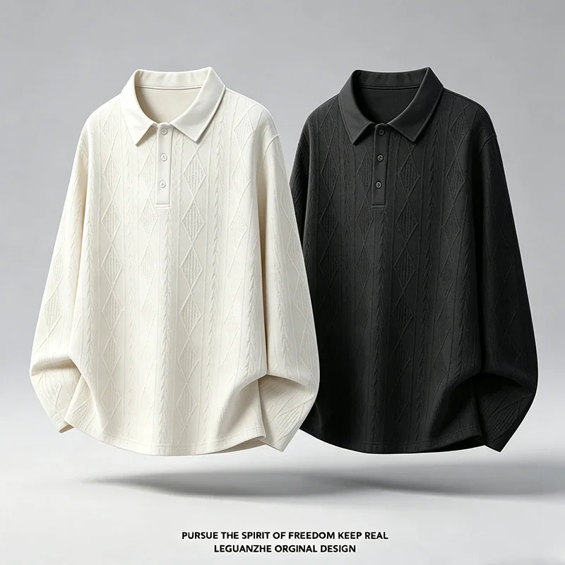 Mens Diamond Jacquard Long Sleeve Polo Shirt Autumn Solid Color Loose Fit Casual Tops Textured Knit Daily Wear Pullover
