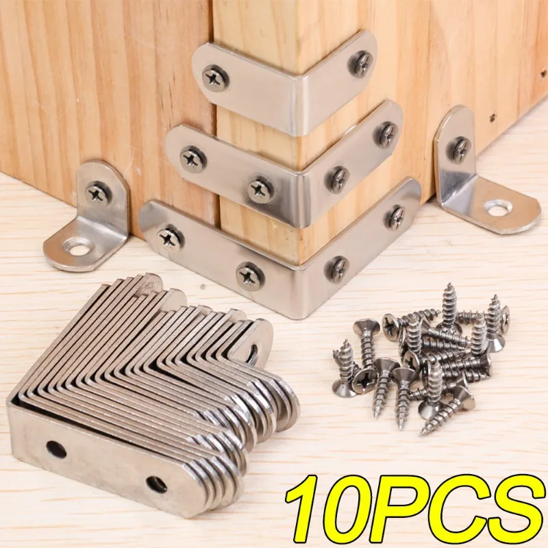 10-1pcs Stainless Steel L Shaped Bracket 90 Degree Angle Joint Brackets Furniture Cabinet Door Corner Brace Fastener With Screws