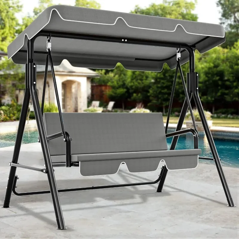 3-Seat Porch Swing Outdoor Heavy Duty Patio Swing Chair with Stand Adjustable Canopy Soft Cushion for Garden, Patio, Lawn