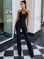 Neck Mounted Sexy Black Jumpsuits For Women Sleeveless Low Cut Elegant One Piece Outfit Slight Flared Pants Jump Suit Overall