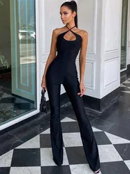 Mono negro sin mangas para mujer, traje elegante de una pieza, pantalones acampanados ligeros, corte bajo, Sexy, montado en el cuello
