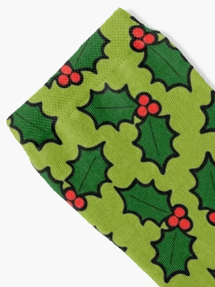 Holly Leaves and Berries Pattern in Light Green Socks professional running Heating sock sport warm winter Male Socks Women's