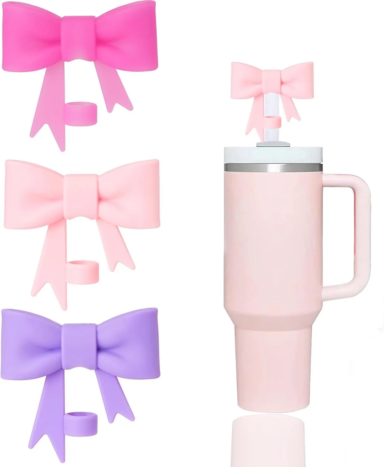 3 Pcs Classic Pink Bow Straw Covers Cap Toppers Compatible with Stanley 30&40 oz Tumbler Cups,Reusable Cute Silicone Straw Tips