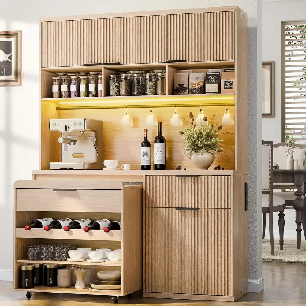 

71 Tall Kitchen Pantry Cabinet with Wine Cart, Storage Cabinet with LED Lights & Charging Station, Microwave Stand Hutch, Freest