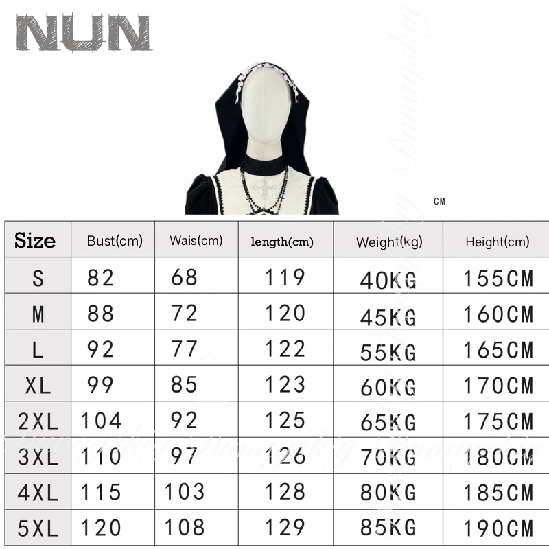 Disfraz de monja de Halloween con cruz bordada dulce y fresca de estilo oscuro, disfraz de actuación COS, disfraz de Cosplay de subcultura lleno de conjunto