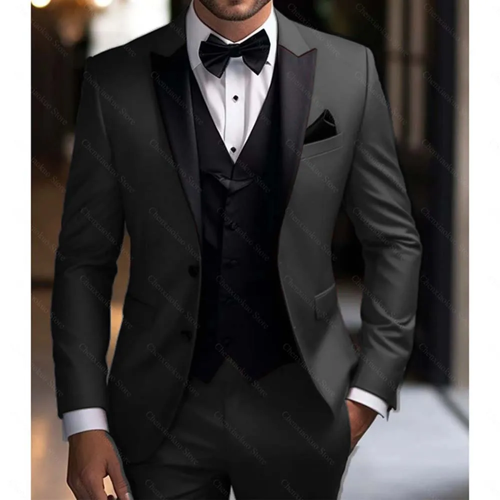 Men Suits 3 Piece Elegant Peak Lapel Single Breasted Tuxedo Slim Groom Wedding Party Formal Male Suit (Blazer+Vest+Pants)