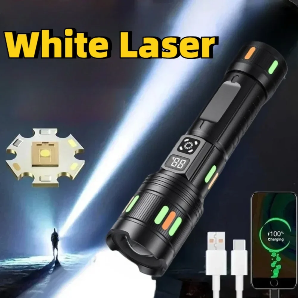 Powerful Long Range LED Flashlight Type-C Charging Zoomable Three Level Dimming Mode Handlamp for Camping