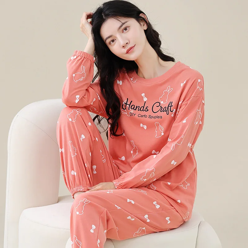 Spring Autumn Women's Pure Cotton Pajamas Round Neck Long Sleeve Pullover Pants Oversized Loose Casual Home Clothing Set