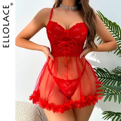 Ellolace FloralLove Valentine Lingerie Erotic Red Dress Transparent Lace Babydoll Sexy Dames Fancy Heart Lace Up Fantasy Clothes