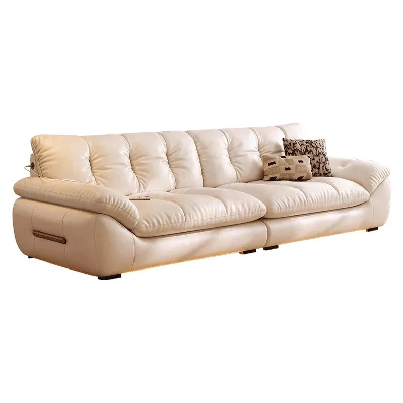 Yunyouyou leather sofa living room, the first layer of cowhide medieval cream wind straight row green leather cloud sofa