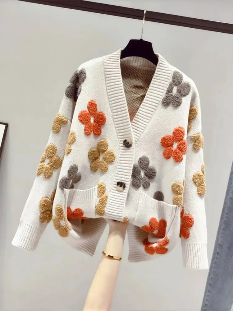2025 Autumn And Winter Fashion New Women's Knitted Long-sleeved V-neck Sweater Cardigan Jacket Women Loose Casual Jumper Top image 4