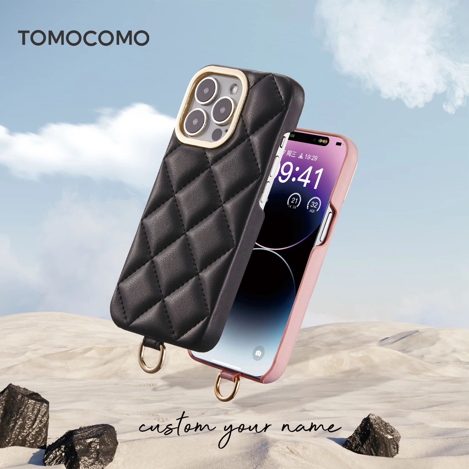 

Tomocomo Luxury Elegant Rhomb Leather Metal Camera Lanyard Phone Case For iPhone 11 12 13 14 15Pro Max Phone Holder Case Cover