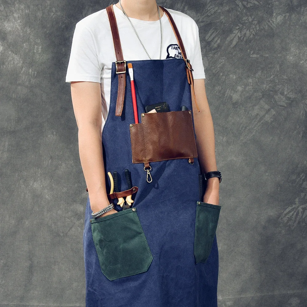 Adjustable Genuine Leather Strap Apron Waterproof for Women Men BBQ Senior Cafe Work Aprons Cooking Barber Kitchen Customized