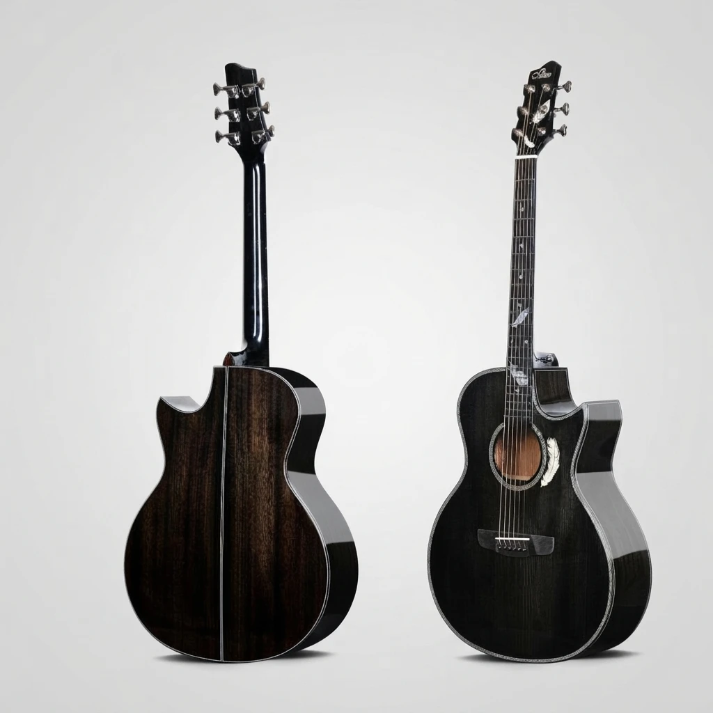 Premium Acoustic Folk Guitar,GA Cutaway All‑Solid,Ebony Fingerboard Feather Shell Inlay Transparent Black For Professional Play