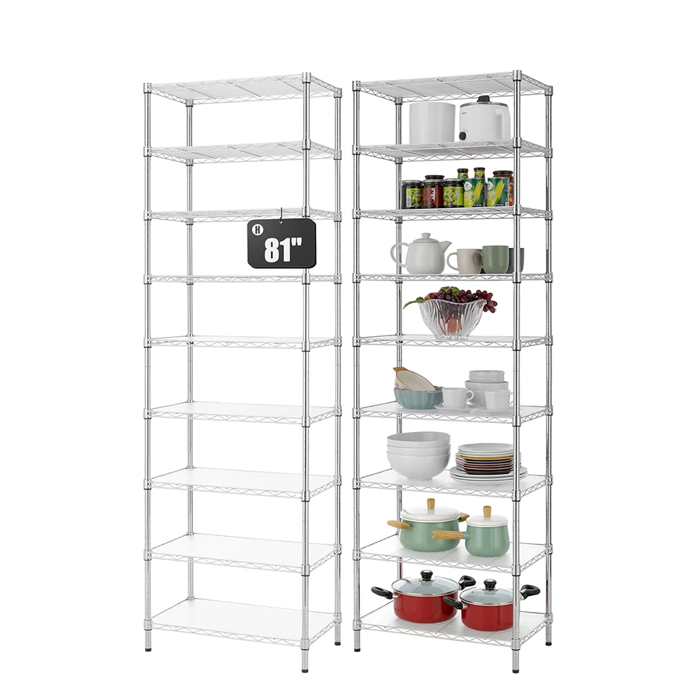 

Customizable 9-Tier Wire Rack Adjustable Chrome Plated Aluminum Shelving Unit for Home Display or Warehouse Storage