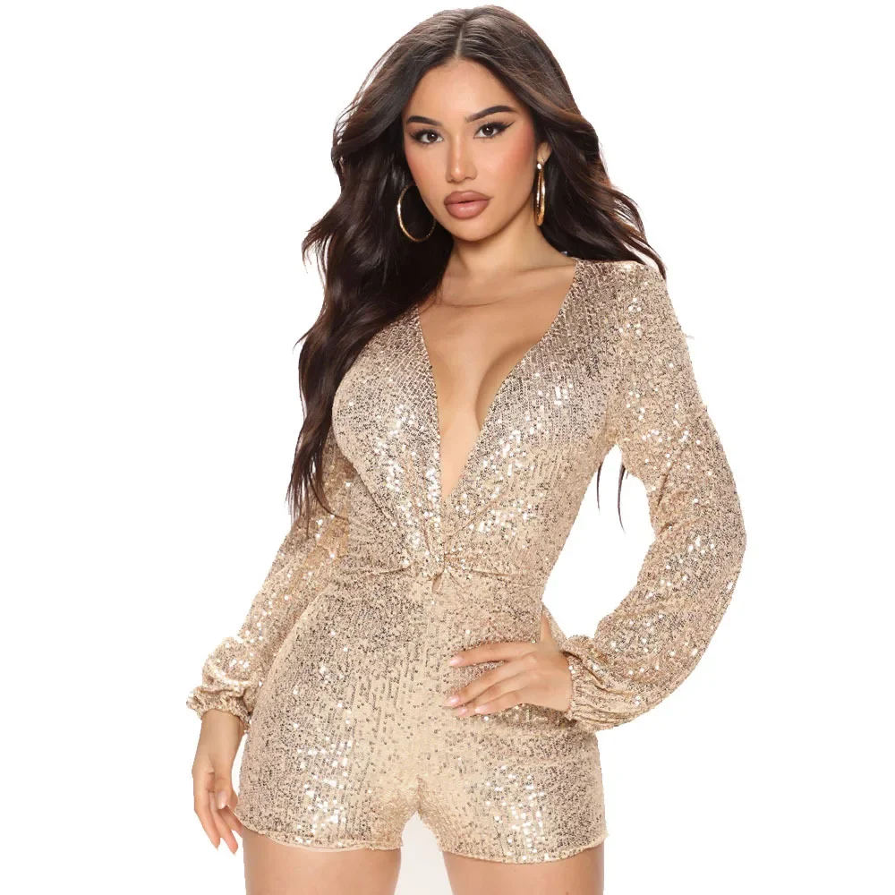 Rompers Womens Jumpsuit  Autumn New Womens Fashion Sexy Deep V Long Sleeve Slim Sequined Jumpsuit for Women